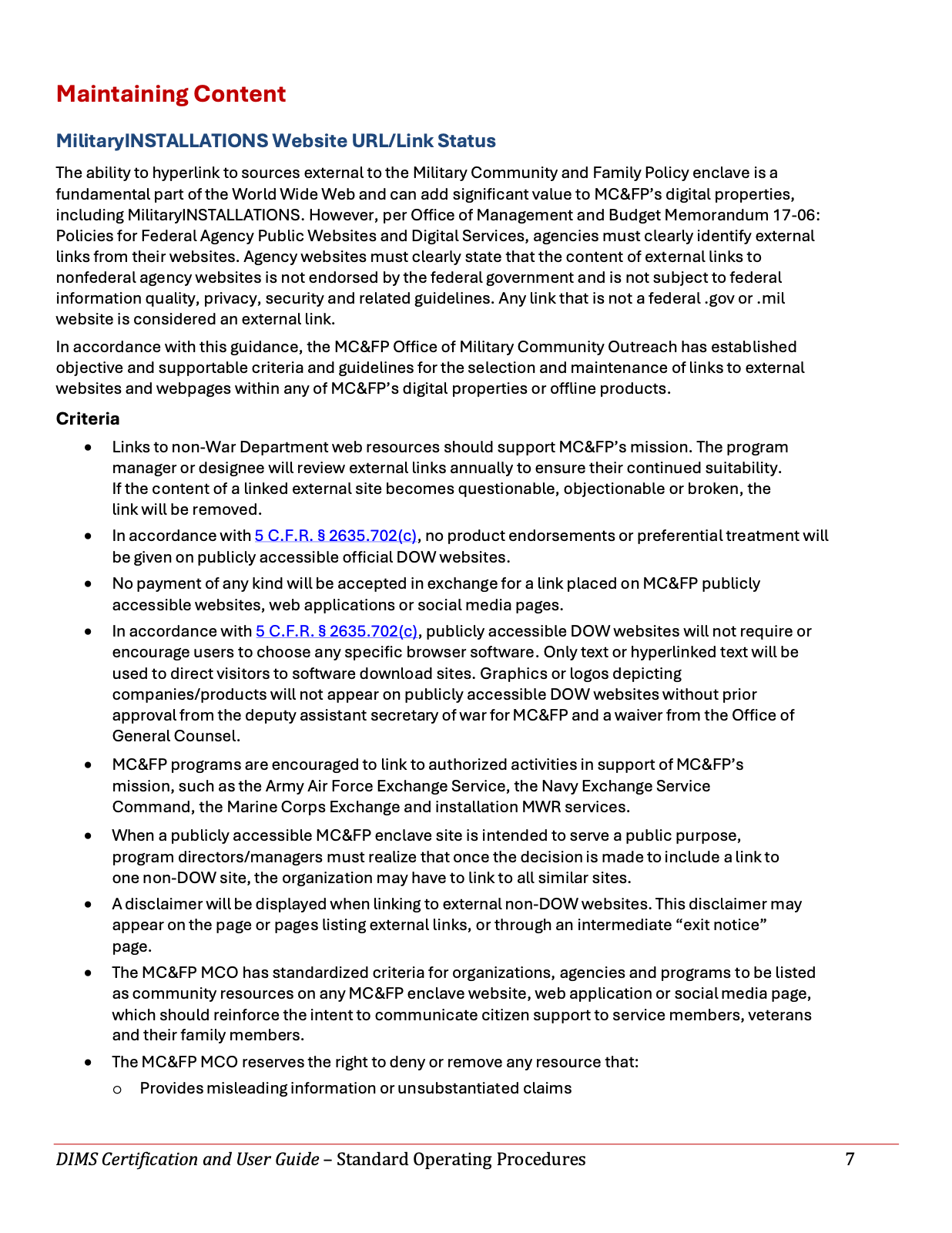 System URL status and link management procedures page.