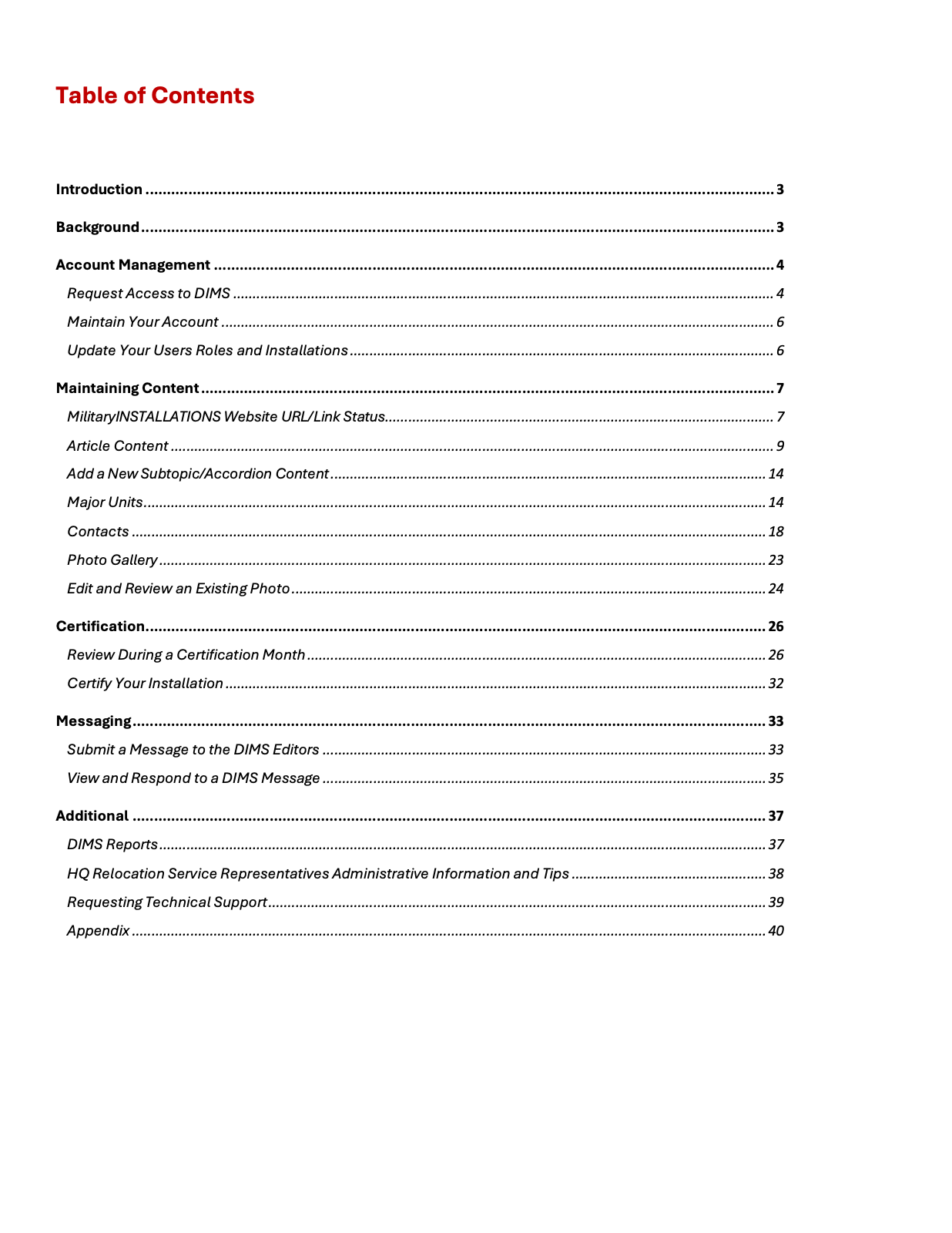 DIMS User Guide Table of Contents.
