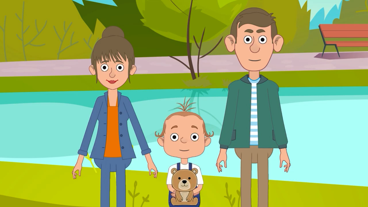 Animated parent playing with child on bedroom rug with toys