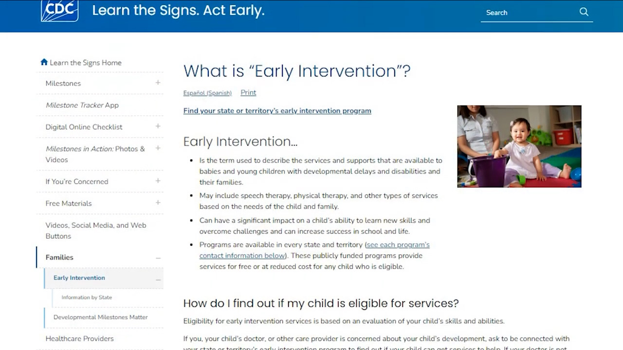 CDC Learn the Signs. Act Early. web portal screen
