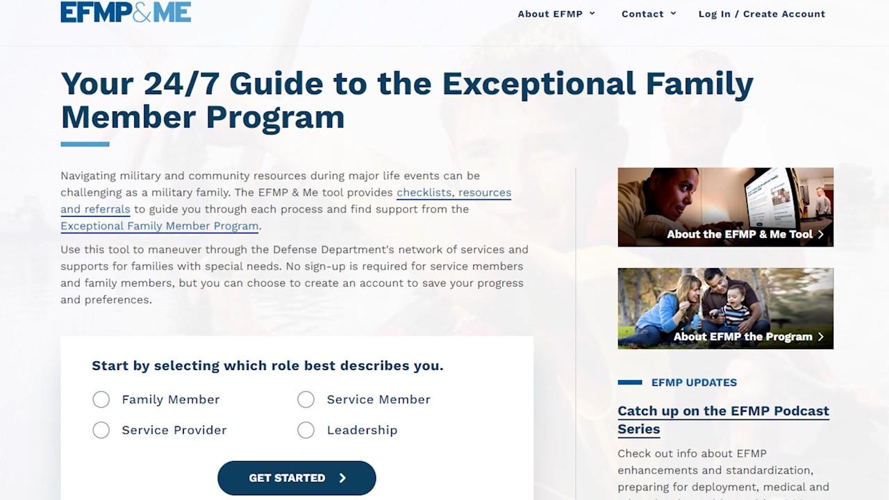 EFMP & Me 24/7 Digital Tool homepage and checklist navigator