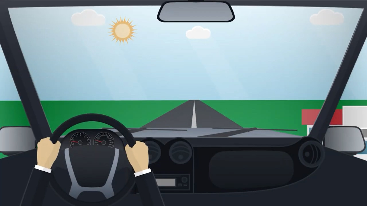 Animated 2D vector perspective from inside car showing animated hands on steering wheel driving into animated world