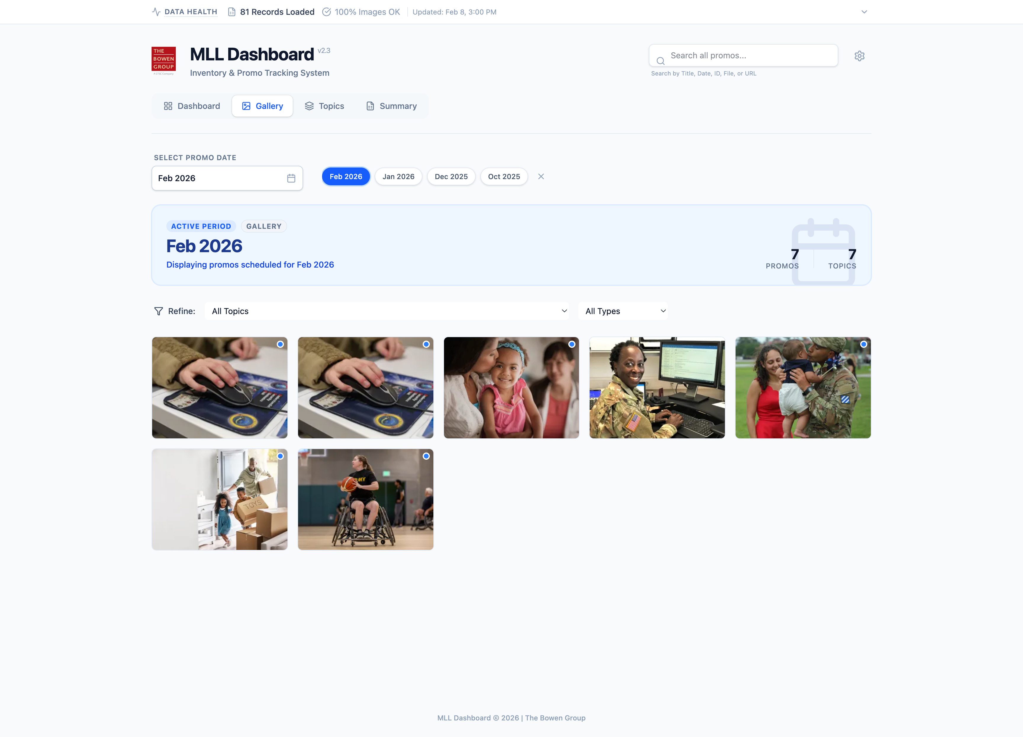 MLL Dashboard Gallery View showing promotional assets organized for rapid visual browsing, comparison, and review.