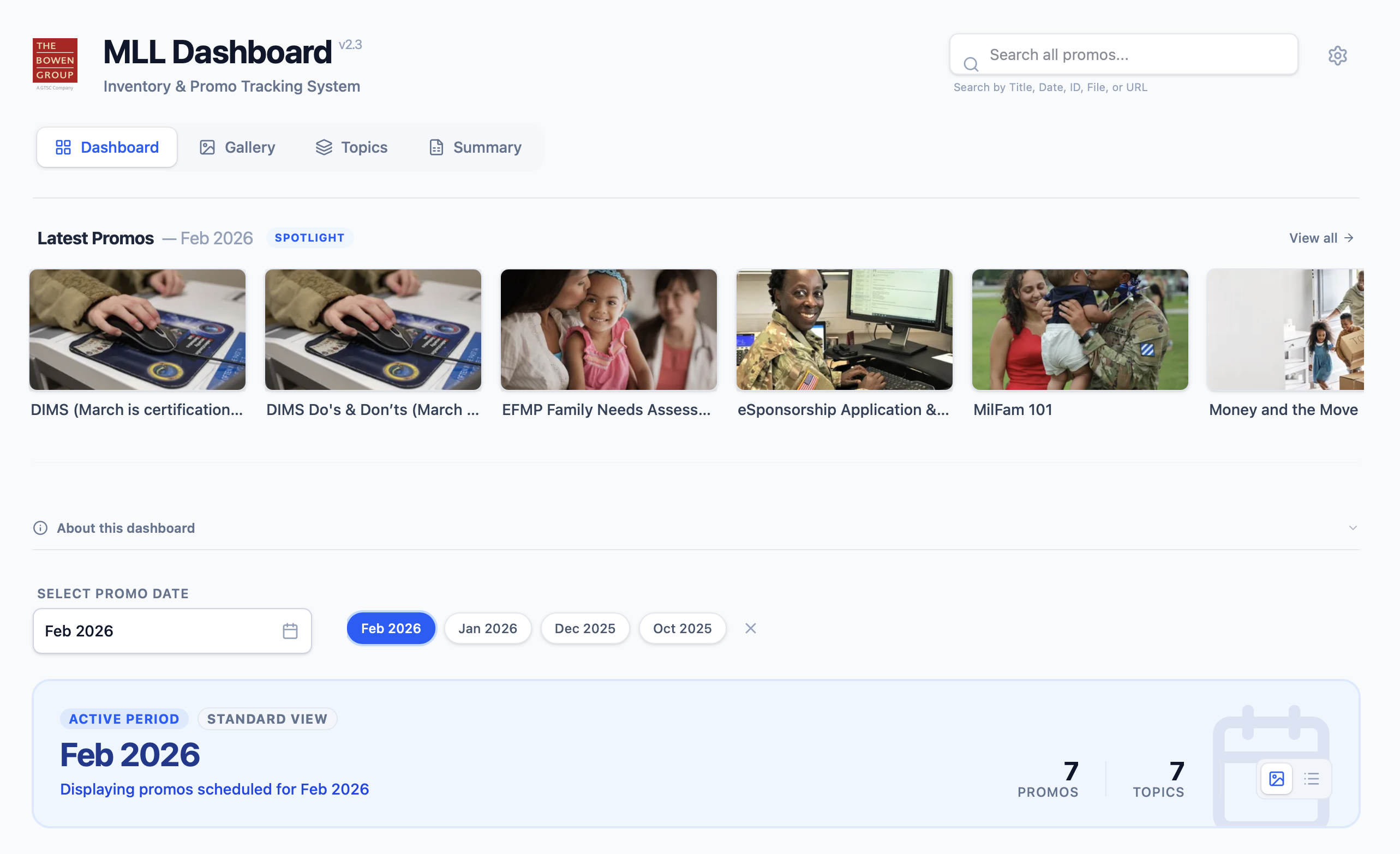MLL Dashboard promotional asset review interface overview